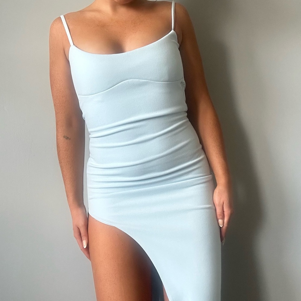 Light blue long formal dress with leg slit